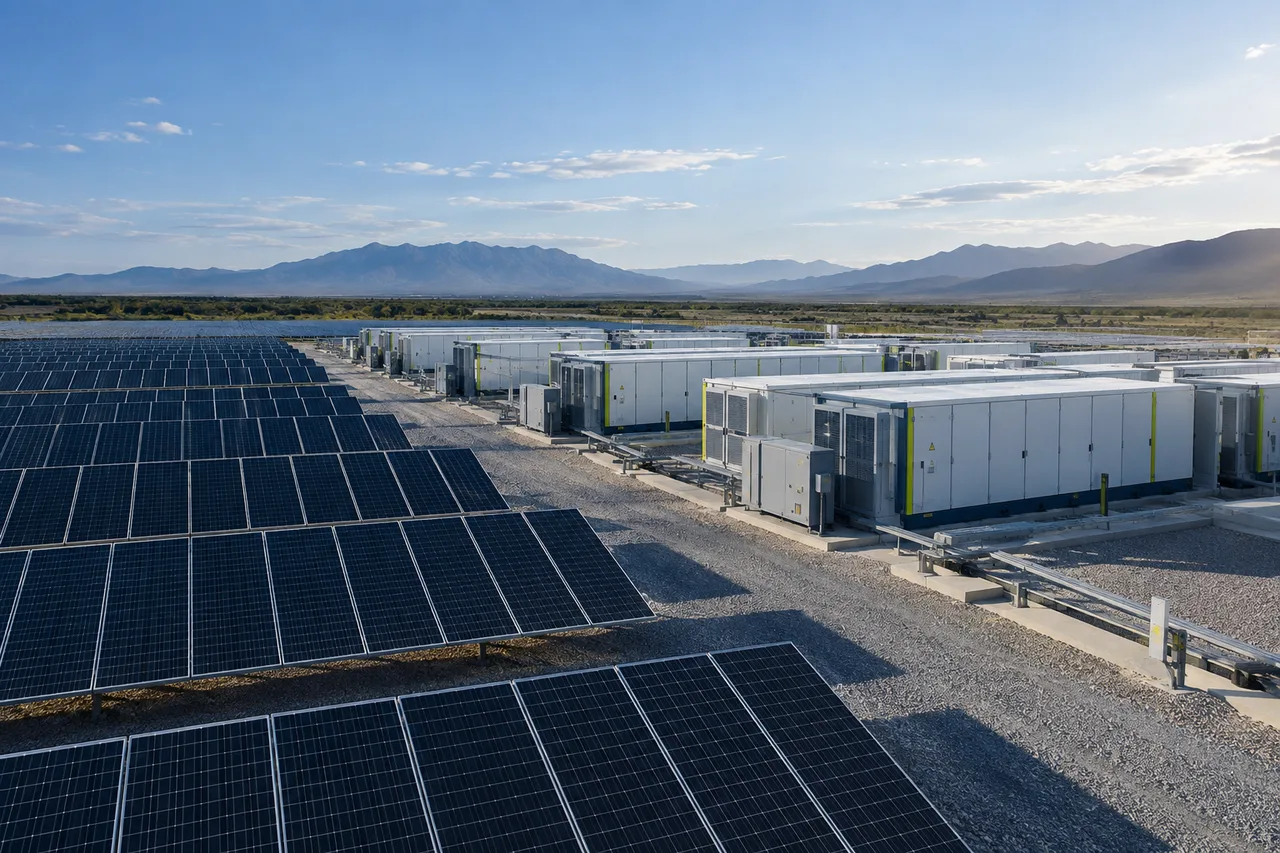 AI concept image of solar panels and battery storage units